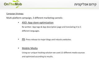 Goal:

Ranking top #10 at free Apps list


Time Frame:

24 Hours


Campaign Strategy:

• Massive media buying from over 10 International &
  local Ad Networks
• Optimization between 5 different creatives.
 