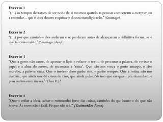 Excerto 1
“(...) os tempos deixaram de ser noite de si mesmos quando as pessoas começaram a escrever, ou
a emendar... que é obra doutro requinte e doutra transfiguração.” (Saramago)
Excerto 2
“(...) por que caminhos eles andaram e se perderam antes de alcançarem a definitiva forma, se é
que tal coisa existe.” (Saramago;idem)
Excerto 3
“Que a gente não canse, de apontar o lápis e refazer o texto, de procurar a palavra, de revirar o
papel e a alma do avesso, de encontrar a ‘rima’. Que não nos vença o gosto amargo, o riso
murcho, a palavra vazia. Que o inverso disso ganhe sim, e ganhe sempre. Que a rotina não nos
destrua, que ainda nos dê crises de riso, que ainda pulse. Só isso que eu quero pra dezembro, e
pros outros onze meses.” (Clara D.)2
Excerto 4
“Quero enfiar a ideia, achar o rumozinho forte das coisas, caminho do que houve e do que não
houve. Às vezes não é fácil. Fé que não o é.” (Guimarães Rosa)
 