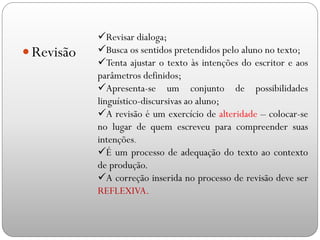  Revisão
Revisar dialoga;
Busca os sentidos pretendidos pelo aluno no texto;
Tenta ajustar o texto às intenções do escritor e aos
parâmetros definidos;
Apresenta-se um conjunto de possibilidades
linguístico-discursivas ao aluno;
A revisão é um exercício de alteridade – colocar-se
no lugar de quem escreveu para compreender suas
intenções.
É um processo de adequação do texto ao contexto
de produção.
A correção inserida no processo de revisão deve ser
REFLEXIVA.
 