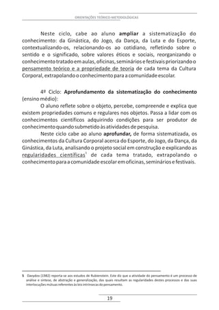 ORIENTAÇÕES TEÓRICO-METODOLÓGICAS



       Neste ciclo, cabe ao aluno ampliar a sistematização do
conhecimento: da Ginástica, do Jogo, da Dança, da Luta e do Esporte,
contextualizando-os, relacionando-os ao cotidiano, refletindo sobre o
sentido e o significado, sobre valores éticos e sociais, reorganizando o
conhecimento tratado em aulas, oficinas, seminários e festivais priorizando o
pensamento teórico e a propriedade de teoria de cada tema da Cultura
Corporal, extrapolando o conhecimento para a comunidade escolar.

        4º Ciclo: Aprofundamento da sistematização do conhecimento
(ensino médio):
        O aluno reflete sobre o objeto, percebe, compreende e explica que
existem propriedades comuns e regulares nos objetos. Passa a lidar com os
conhecimentos científicos adquirindo condições para ser produtor de
conhecimento quando submetido às atividades de pesquisa.
        Neste ciclo cabe ao aluno aprofundar, de forma sistematizada, os
conhecimentos da Cultura Corporal acerca do Esporte, do Jogo, da Dança, da
Ginástica, da Luta, analisando o projeto social em construção e explicando as
regularidades científicas 5 de cada tema tratado, extrapolando o
conhecimento para a comunidade escolar em oficinas, seminários e festivais.




5 Davydov (1982) reporta-se aos estudos de Rubienstein. Este diz que a atividade do pensamento é um processo de
  análise e síntese, de abstração e generalização, das quais resultam as regularidades destes processos e das suas
  interlocuções mútuas referentes às leis intrínsecas do pensamento.


                                                       19
 