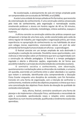 ORIENTAÇÕES TEÓRICO-METODOLÓGICAS



       Na escolarização, o planejamento de aula em tempo ampliado pode
ser compreendido com os estudos de TAFFAREL et al (2000).
       A aula é uma unidade de tempo voltada ao fim formativo, que necessita
da sistematização do conhecimento. É uma construção coletiva atravessada
pelo trato do conhecimento, pela organização e normatização escolar,
envolvendo professor e alunos em horário regular de 40 ou 50 minutos,
composta por objetivo, conteúdo, metodologia, síntese avaliativa, espaços e
materiais.
         A oficina consiste na construção coletiva das práticas corporais que
ultrapassam o tempo de uma hora aula, sendo caracterizadas pela saída da
rotina regular de trabalho, por negociações e organização prévia, por novas
experiências na apropriação do conhecimento ou nas habilidades de atuar
com colegas menos experientes, vivenciando valores em prol do valor
primordial da formação humana tratada em oficinas - a aprendizagem.
         O festival consiste em um tempo ampliado de aula destinado à
socialização e avaliação do conteúdo. Possibilita novas oportunidades, com
vivências e intervenções sobre um fenômeno que tem sua legitimidade com
a construção da reflexão pedagógica. O festival é o tempo pedagógico
regulado e aberto a diferentes opções, organizadas de tal forma que
possibilita trabalhar o princípio da simultaneidade dos conteúdos escolares.
         O seminário socializa o conhecimento, com observação,
questionamento e verbalização sobre as dimensões da realidade, o universo
em questão, ocorrendo um confronto entre o saber abordado e os sujeitos
que tratam o conteúdo, identificando e/ou compreendendo a Educação
Física Escolar enquanto uma disciplina de conteúdo, com fim formativo.
Consiste em uma forma de organização, com a intenção de confrontar o
conhecimento, mediante análise dos objetivos propostos e síntese que visa a
uma concretização dos objetivos finais diante da elevação da qualidade do
conteúdo sistematizado.
                 Aula, oficina, festival, seminário constituem uma forma de
planejar e de implementar a Educação Física, satisfazendo a necessidade de
ação e curiosidade, aprofundando nexos e relações entre conteúdos
específicos ou num mesmo conteúdo, qualificando o rendimento escolar dos
aprendizes.




                                       21
 