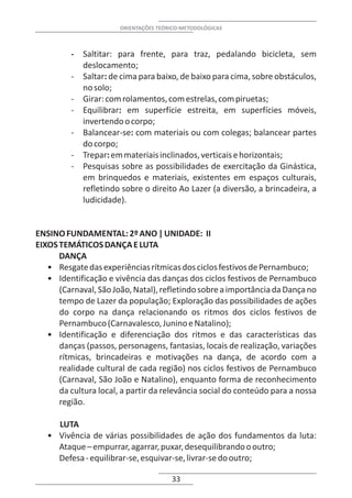 ORIENTAÇÕES TEÓRICO-METODOLÓGICAS



         - Saltitar: para frente, para traz, pedalando bicicleta, sem
           deslocamento;
         - Saltar: de cima para baixo, de baixo para cima, sobre obstáculos,
           no solo;
         - Girar: com rolamentos, com estrelas, com piruetas;
         - Equilibrar: em superfície estreita, em superfícies móveis,
           invertendo o corpo;
         - Balancear-se: com materiais ou com colegas; balancear partes
           do corpo;
         - Trepar: em materiais inclinados, verticais e horizontais;
         - Pesquisas sobre as possibilidades de exercitação da Ginástica,
           em brinquedos e materiais, existentes em espaços culturais,
           refletindo sobre o direito Ao Lazer (a diversão, a brincadeira, a
           ludicidade).


ENSINO FUNDAMENTAL: 2º ANO | UNIDADE: II
EIXOS TEMÁTICOS DANÇA E LUTA
      DANÇA
   • Resgate das experiências rítmicas dos ciclos festivos de Pernambuco;
   • Identificação e vivência das danças dos ciclos festivos de Pernambuco
      (Carnaval, São João, Natal), refletindo sobre a importância da Dança no
      tempo de Lazer da população; Exploração das possibilidades de ações
      do corpo na dança relacionando os ritmos dos ciclos festivos de
      Pernambuco (Carnavalesco, Junino e Natalino);
   • Identificação e diferenciação dos ritmos e das características das
      danças (passos, personagens, fantasias, locais de realização, variações
      rítmicas, brincadeiras e motivações na dança, de acordo com a
      realidade cultural de cada região) nos ciclos festivos de Pernambuco
      (Carnaval, São João e Natalino), enquanto forma de reconhecimento
      da cultura local, a partir da relevância social do conteúdo para a nossa
      região.

     LUTA
   • Vivência de várias possibilidades de ação dos fundamentos da luta:
     Ataque – empurrar, agarrar, puxar, desequilibrando o outro;
     Defesa - equilibrar-se, esquivar-se, livrar-se do outro;

                                       33
 