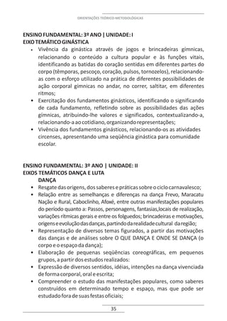 ORIENTAÇÕES TEÓRICO-METODOLÓGICAS



ENSINO FUNDAMENTAL: 3º ANO | UNIDADE: I
EIXO TEMÁTICO GINÁSTICA
   • Vivência da ginástica através de jogos e brincadeiras gímnicas,
      relacionando o conteúdo a cultura popular e às funções vitais,
      identificando as batidas do coração sentidas em diferentes partes do
      corpo (têmporas, pescoço, coração, pulsos, tornozelos), relacionando-
      as com o esforço utilizado na prática de diferentes possibilidades de
      ação corporal gímnicas no andar, no correr, saltitar, em diferentes
      ritmos;
   • Exercitação dos fundamentos ginásticos, identificando o significando
      de cada fundamento, refletindo sobre as possibilidades das ações
      gímnicas, atribuindo-lhe valores e significados, contextualizando-a,
      relacionando-a ao cotidiano, organizando representações;
   • Vivência dos fundamentos ginásticos, relacionando-os as atividades
      circenses, apresentando uma seqüência ginástica para comunidade
      escolar.


ENSINO FUNDAMENTAL: 3º ANO | UNIDADE: II
EIXOS TEMÁTICOS DANÇA E LUTA
      DANÇA
   • Resgate das origens, dos saberes e práticas sobre o ciclo carnavalesco;
   • Relação entre as semelhanças e diferenças na dança Frevo, Maracatu
      Nação e Rural, Caboclinho, Afoxé, entre outras manifestações populares
      do período quanto a: Passos, personagens, fantasias,locais de realização,
      variações rítmicas gerais e entre os folguedos; brincadeiras e motivações,
      origens e evolução das danças, partindo da realidade cultural da região;
   • Representação de diversos temas figurados, a partir das motivações
      das danças e de análises sobre O QUE DANÇA E ONDE SE DANÇA (o
      corpo e o espaço da dança);
   • Elaboração de pequenas seqüências coreográficas, em pequenos
      grupos, a partir dos estudos realizados:
   • Expressão de diversos sentidos, idéias, intenções na dança vivenciada
      de forma corporal, oral e escrita;
   • Compreender o estudo das manifestações populares, como saberes
      construídos em determinado tempo e espaço, mas que pode ser
      estudado fora de suas festas oficiais;

                                        35
 