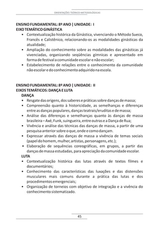 ORIENTAÇÕES TEÓRICO-METODOLÓGICAS



ENSINO FUNDAMENTAL: 8º ANO | UNIDADE: I
EIXO TEMÁTICO GINÁSTICA
   • Contextualização histórica da Ginástica, vivenciando o Método Sueco,
      Francês e Calistênico, relacionando-os as modalidades ginásticas da
      atualidade;
   • Ampliação do conhecimento sobre as modalidades das ginásticas já
      vivenciadas, organizando seqüências gímnicas e apresentado em
      forma de festival a comunidade escolar e não escolar;
   • Estabelecimento de relações entre o conhecimento da comunidade
      não escolar e do conhecimento adquirido na escola.


ENSINO FUNDAMENTAL: 8º ANO | UNIDADE: II
EIXOS TEMÁTICOS: DANÇA E LUTA
   DANÇA
   • Resgate das origens, dos saberes e práticas sobre danças de massa;
   • Compreensão quanto à historicidade, as semelhanças e diferenças
      entre as danças populares, danças teatrais/eruditas e de massa;
   • Análise das diferenças e semelhanças quanto às danças de massa
      brasileira – Axé, Funk, suingueira, entre outras e a Dança de Rua;
   • Vivência e análise das técnicas das danças de massa, a partir de uma
      pesquisa anterior sobre o que, onde e como dançam.
   • Expressar através das danças de massa a vivência de temas sociais
      (papel do homem, mulher, artistas, personagens, etc.);
   • Elaboração de sequências coreográficas, em grupos, a partir das
      danças de massa estudadas, para apreciação da comunidade escolar.
   LUTA
   • Contextualização histórica das lutas através de textos filmes e
      documentários;
   • Conhecimento das características das luxações e das distensões
      musculares mais comuns durante a prática das lutas e dos
      procedimentos emergenciais;
   • Organização de torneios com objetivo de integração e a vivência do
      conhecimento sistematizado.




                                     45
 