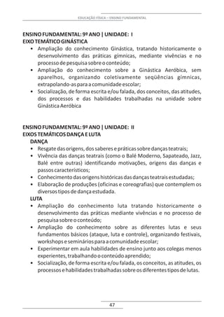 EDUCAÇÃO FÍSICA – ENSINO FUNDAMENTAL



ENSINO FUNDAMENTAL: 9º ANO | UNIDADE: I
EIXO TEMÁTICO GINÁSTICA
   • Ampliação do conhecimento Ginástica, tratando historicamente o
      desenvolvimento das práticas gímnicas, mediante vivências e no
      processo de pesquisa sobre o conteúdo;
   • Ampliação do conhecimento sobre a Ginástica Aeróbica, sem
      aparelhos, organizando coletivamente seqüências gímnicas,
      extrapolando-as para a comunidade escolar;
   • Socialização, de forma escrita e/ou falada, dos conceitos, das atitudes,
      dos processos e das habilidades trabalhadas na unidade sobre
      Ginástica Aeróbica


ENSINO FUNDAMENTAL: 9º ANO | UNIDADE: II
EIXOS TEMÁTICOS DANÇA E LUTA
   DANÇA
   • Resgate das origens, dos saberes e práticas sobre danças teatrais;
   • Vivência das danças teatrais (como o Balé Moderno, Sapateado, Jazz,
      Balé entre outras) identificando motivações, origens das danças e
      passos característicos;
   • Conhecimento das origens históricas das danças teatrais estudadas;
   • Elaboração de produções (oficinas e coreografias) que contemplem os
      diversos tipos de dança estudada.
   LUTA
   • Ampliação do conhecimento luta tratando historicamente o
      desenvolvimento das práticas mediante vivências e no processo de
      pesquisa sobre o conteúdo;
   • Ampliação do conhecimento sobre as diferentes lutas e seus
      fundamentos básicos (ataque, luta e controle), organizando festivais,
      workshops e seminários para a comunidade escolar;
   • Experimentar em aula habilidades de ensino junto aos colegas menos
      experientes, trabalhando o conteúdo aprendido;
   • Socialização, de forma escrita e/ou falada, os conceitos, as atitudes, os
      processos e habilidades trabalhadas sobre os diferentes tipos de lutas.




                                        47
 