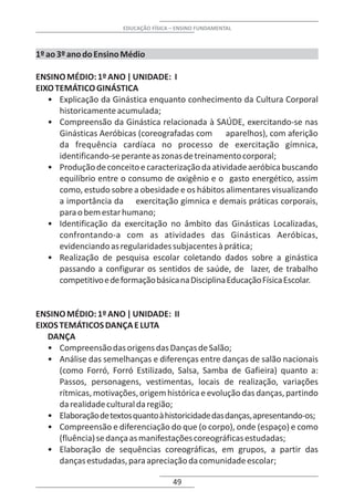 EDUCAÇÃO FÍSICA – ENSINO FUNDAMENTAL



1º ao 3º ano do Ensino Médio

ENSINO MÉDIO: 1º ANO | UNIDADE: I
EIXO TEMÁTICO GINÁSTICA
   • Explicação da Ginástica enquanto conhecimento da Cultura Corporal
      historicamente acumulada;
   • Compreensão da Ginástica relacionada à SAÚDE, exercitando-se nas
      Ginásticas Aeróbicas (coreografadas com aparelhos), com aferição
      da frequência cardíaca no processo de exercitação gímnica,
      identificando-se perante as zonas de treinamento corporal;
   • Produção de conceito e caracterização da atividade aeróbica buscando
      equilíbrio entre o consumo de oxigênio e o gasto energético, assim
      como, estudo sobre a obesidade e os hábitos alimentares visualizando
      a importância da exercitação gímnica e demais práticas corporais,
      para o bem estar humano;
   • Identificação da exercitação no âmbito das Ginásticas Localizadas,
      confrontando-a com as atividades das Ginásticas Aeróbicas,
      evidenciando as regularidades subjacentes à prática;
   • Realização de pesquisa escolar coletando dados sobre a ginástica
      passando a configurar os sentidos de saúde, de lazer, de trabalho
      competitivo e de formação básica na Disciplina Educação Física Escolar.


ENSINO MÉDIO: 1º ANO | UNIDADE: II
EIXOS TEMÁTICOS DANÇA E LUTA
   DANÇA
   • Compreensão das origens das Danças de Salão;
   • Análise das semelhanças e diferenças entre danças de salão nacionais
      (como Forró, Forró Estilizado, Salsa, Samba de Gafieira) quanto a:
      Passos, personagens, vestimentas, locais de realização, variações
      rítmicas, motivações, origem histórica e evolução das danças, partindo
      da realidade cultural da região;
   • Elaboração de textos quanto à historicidade das danças, apresentando-os;
   • Compreensão e diferenciação do que (o corpo), onde (espaço) e como
      (fluência) se dança as manifestações coreográficas estudadas;
   • Elaboração de sequências coreográficas, em grupos, a partir das
      danças estudadas, para apreciação da comunidade escolar;

                                       49
 