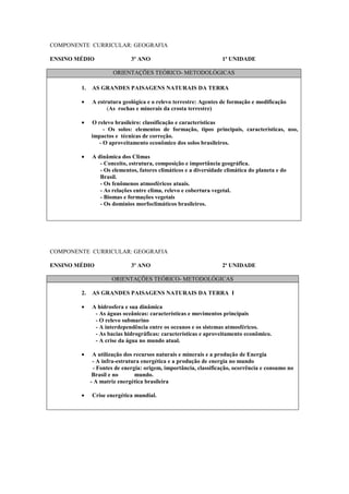 COMPONENTE CURRICULAR: GEOGRAFIA

ENSINO MÉDIO                 3º ANO                              1ª UNIDADE

                      ORIENTAÇÕES TEÓRICO- METODOLÓGICAS

        1.   AS GRANDES PAISAGENS NATURAIS DA TERRA

        •    A estrutura geológica e o relevo terrestre: Agentes de formação e modificação
                   (As rochas e minerais da crosta terrestre)

        •    O relevo brasileiro: classificação e características
                 - Os solos: elementos de formação, tipos principais, características, uso,
             impactos e técnicas de correção.
               - O aproveitamento econômico dos solos brasileiros.

        •    A dinâmica dos Climas
                - Conceito, estrutura, composição e importância geográfica.
                - Os elementos, fatores climáticos e a diversidade climática do planeta e do
                Brasil.
                - Os fenômenos atmosféricos atuais.
                - As relações entre clima, relevo e cobertura vegetal.
                - Biomas e formações vegetais
                - Os domínios morfoclimáticos brasileiros.




COMPONENTE CURRICULAR: GEOGRAFIA

ENSINO MÉDIO                 3º ANO                              2ª UNIDADE

                     ORIENTAÇÕES TEÓRICO- METODOLÓGICAS

        2.   AS GRANDES PAISAGENS NATURAIS DA TERRA I

        •    A hidrosfera e sua dinâmica
              - As águas oceânicas: características e movimentos principais
              - O relevo submarino
              - A interdependência entre os oceanos e os sistemas atmosféricos.
              - As bacias hidrográficas: características e aproveitamento econômico.
              - A crise da água no mundo atual.

        •     A utilização dos recursos naturais e minerais e a produção de Energia
              - A infra-estrutura energética e a produção de energia no mundo
              - Fontes de energia: origem, importância, classificação, ocorrência e consumo no
              Brasil e no      mundo.
             - A matriz energética brasileira

        •    Crise energética mundial.
 