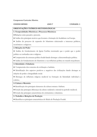 Componente Curricular: História

ENSINO MÉDIO                                  ANO 1º                        UNIDADE: 3

ORIENTAÇÕES TEÓRICO-METODOLÓGICAS
1. Temporalidades Históricas e Processos Históricos
● Relações entre passado e presente.
● Análise dos principais motivos que levaram a formação do feudalismo na Europa.
● Análise do processo de expansão do Islamismo relacionado a interesses políticos,
econômicos e religiosos.
2. Relações de Poder
● Análise do fortalecimento da Igreja Católica mostrando que o poder que o poder
político se confundia com o religioso.
● Compreensão da estrutura política feudal dando destaque a descentralização política.
● Análise do fortalecimento do Islamismo e sua influência política no mundo muçulmano.
3. Identidade e Cidadania
● Compreensão dos conceitos de civilização e barbárie.
● Identificação dos aspectos positivos e negativos das civilizações dando destaque as
relações de poder e desigualdade social.
● Destaque da influência religiosa medieval na formação da Identidade individual e
coletiva.
4. Cultura e Memória
● Identificação dos principais elementos da cultura romana e bárbara.
● Estudo das principais diferenças da cultura ocidental e oriental no período medieval.
● Estudo das principais características do cristianismo e islamismo.
5. Trabalho e Relações de Produção
● Identificar as principais características do Modo de Produção Feudal.
 