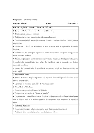 Componente Curricular: História

ENSINO MÉDIO                                 ANO 2º                          UNIDADE: 2

ORIENTAÇÕES TEÓRICO-METODOLÓGICAS
1. Temporalidades Históricas e Processos Históricos
● Relações entre passado e presente.
● Análise dos conceitos conquista, invasão e descobrimento.
● Estudo dos principais acontecimentos que levaram a expansão marítima e o processo de
colonização.
● Análise do Tratado de Tordesilhas e seus reflexos para a organização territorial
brasileira.
● Identificação dos principais aspectos da prática mercantilista dos países europeus que
foram adotados no Brasil.
● Análise dos principais acontecimentos que levaram a invasão do Brasil pelos holandeses.
● Análise das conseqüências das ações das bandeiras para a expansão dos limites
territoriais brasileiro.
● Estudo das conseqüências da descoberta do ouro no Brasil nos diversos aspectos da
esfera social.
2. Relações de Poder
● Análise da relação do poder político dos impérios americanos pré-colombianos e sua
relação com a religião.
● Identificar os principais elementos do “pacto colonial”
3. Identidade e Cidadania
● Estudo dos conceitos: selvagem e civilização.
● Debate sobre o conceito de “democracia racial”.
● Debates sobre a escravidão negra no Brasil no período colonial, estabelecendo relações
com a situação atual e as políticas públicas no elaboradas para promoção da igualdade
racial.
4. Cultura e Memória
● Estudo das principais culturas americanas antes da chegada dos europeus.
● Análise da visão européia da cultura ameríndia como inferior.
 