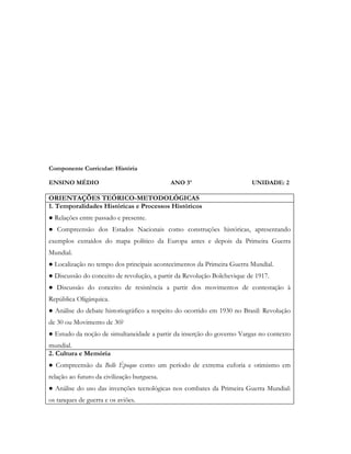 Componente Curricular: História

ENSINO MÉDIO                                 ANO 3º                      UNIDADE: 2

ORIENTAÇÕES TEÓRICO-METODOLÓGICAS
1. Temporalidades Históricas e Processos Históricos
● Relações entre passado e presente.
● Compreensão dos Estados Nacionais como construções históricas, apresentando
exemplos extraídos do mapa político da Europa antes e depois da Primeira Guerra
Mundial.
● Localização no tempo dos principais acontecimentos da Primeira Guerra Mundial.
● Discussão do conceito de revolução, a partir da Revolução Bolchevique de 1917.
● Discussão do conceito de resistência a partir dos movimentos de contestação à
República Oligárquica.
● Análise do debate historiográfico a respeito do ocorrido em 1930 no Brasil: Revolução
de 30 ou Movimento de 30?
● Estudo da noção de simultaneidade a partir da inserção do governo Vargas no contexto
mundial.
2. Cultura e Memória
● Compreensão da Belle Époque como um período de extrema euforia e otimismo em
relação ao futuro da civilização burguesa.
● Análise do uso das invenções tecnológicas nos combates da Primeira Guerra Mundial:
os tanques de guerra e os aviões.
 