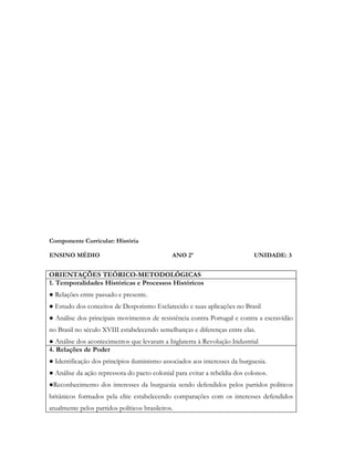 Componente Curricular: História

ENSINO MÉDIO                                   ANO 2º                        UNIDADE: 3


ORIENTAÇÕES TEÓRICO-METODOLÓGICAS
1. Temporalidades Históricas e Processos Históricos
● Relações entre passado e presente.
● Estudo dos conceitos de Despotismo Esclarecido e suas aplicações no Brasil
● Análise dos principais movimentos de resistência contra Portugal e contra a escravidão
no Brasil no século XVIII estabelecendo semelhanças e diferenças entre elas.
● Análise dos acontecimentos que levaram a Inglaterra à Revolução Industrial
4. Relações de Poder
● Identificação dos princípios iluminismo associados aos interesses da burguesia.
● Análise da ação repressora do pacto colonial para evitar a rebeldia dos colonos.
●Reconhecimento dos interesses da burguesia sendo defendidos pelos partidos políticos
britânicos formados pela elite estabelecendo comparações com os interesses defendidos
atualmente pelos partidos políticos brasileiros.
 