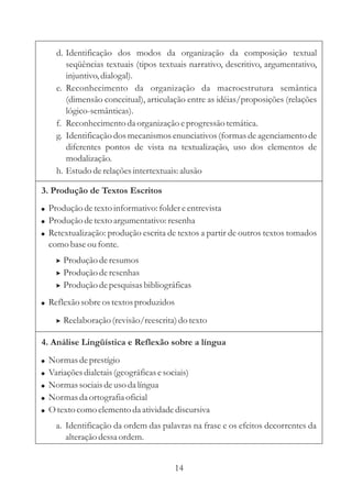d. Identificação dos modos da organização da composição textual 
seqüências textuais (tipos textuais narrativo, descritivo, argumentativo, 
injuntivo, dialogal). 
e. Reconhecimento da organização da macroestrutura semântica 
(dimensão conceitual), articulação entre as idéias/proposições (relações 
lógico-semânticas). 
f. Reconhecimento da organização e progressão temática. 
g. Identificação dos mecanismos enunciativos (formas de agenciamento de 
diferentes pontos de vista na textualização, uso dos elementos de 
modalização. 
h. Estudo de relações intertextuais: alusão 
3. Produção de Textos Escritos 
 
 
 
Produção de resumos 
Produção de resenhas 
Produção de pesquisas bibliográficas 
4. Análise Lingüística e Reflexão sobre a língua 
a. Identificação da ordem das palavras na frase e os efeitos decorrentes da 
alteração dessa ordem. 
 
 
 
 
Produção de texto informativo: folder e entrevista 
Produção de texto argumentativo: resenha 
Retextualização: produção escrita de textos a partir de outros textos tomados 
como base ou fonte. 
Reflexão sobre os textos produzidos 
 Reelaboração (revisão/reescrita) do texto 
 
 
 
 
 
Normas de prestígio 
Variações dialetais (geográficas e sociais) 
Normas sociais de uso da língua 
Normas da ortografia oficial 
Otexto como elemento da atividade discursiva 
14 
 