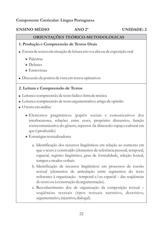 Componente Curricular: Língua Portuguesa 
ENSINO MÉDIO 
ANO 2º UNIDADE: 2 
ORIENTAÇÕES TEÓRICO-METODOLÓGICAS 
1. Produção e Compreensão de Textos Orais 
 
 
Escuta de textosem situação de leitura em voz alta ou de exposição oral 
Discussão de pontos de vista em textos opinativos 
2. Leitura e Compreensão de Textos 
 
 
 
Leitura e compreensão de texto lúdico: letra de música 
Leitura e compreensão de texto argumentativo: artigo de opinião 
Otextoem análise 
 
 
Elementos pragmáticos (papéis sociais e comunicativos dos 
interlocutores, relações entre esses, propósito discursivo, função 
sociocomunicativa do gênero, aspectos da dimensão espaço-cultural em 
que é produzido) 
Estratégias textualizadoras 
 
 
 
Palestras 
Debates 
Entrevistas 
a. Identificação dos recursos lingüísticos em relação ao contexto em 
que o texto é construído (elementos de referência pessoal, temporal, 
espacial, registro lingüístico, grau de formalidade, seleção lexical, 
tempos e modos verbais. 
b. Identificação de recursos lingüísticos em processos de coesão 
textual (elementos de articulação entre segmentos do texto 
referentes à organização - temporal e/ou espacial – 
das seqüências 
do texto ou à construção da argumentação). 
c. Reconhecimento dos de organização da composição textual 
– 
seqüências textuais (tipos textuais narrativo, descritivo, 
argumentativo, injuntivo, dialogal). 
22 
 