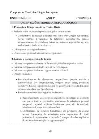 Componente Curricular: Língua Portuguesa 
ENSINO MÉDIO 
ANO 2º UNIDADE: 4 
ORIENTAÇÕES TEÓRICO-METODOLÓGICAS 
1. Produção e Compreensão de Textos Orais 
 
 
 
Reflexão sobre textos orais produzidos pelos alunos ou não 
 Comentários, discussões e debates orais sobre livros, peças publicitárias, 
peças teatrais, programas de televisão, reportagens, piadas, 
acontecimentos do cotidiano, letras de músicas, exposições de arte, 
avaliação de trabalhos escolares etc. 
Utilização de estratégias de escuta 
Discussão de pontos de vista em textos opinativos 
2. Leitura e Compreensão de Textos 
 
 
 
 
Leitura e compreensão de texto informativo: folder 
de campanhas sociais 
Leitura e compreensão de texto expositivo: reportagem 
Leitura e compreensão de texto argumentativo: editorial 
Otextoem análise 
 
 
Reconhecimento de elementos pragmáticos (papéis sociais e 
comunicativos dos interlocutores, relações entre esses, propósito 
discursivo, função sociocomunicativa do gênero, aspectos da dimensão 
espaço-culturalem que é produzido) 
Reconhecimento de estratégias textualizadoras 
a. Reconhecimento dos recursos lingüísticos em relação ao contexto 
em que o texto é construído (elementos de referência pessoal, 
temporal, espacial, registro lingüístico, grau de formalidade, 
seleçãolexical, tempos e modos verbais. 
b. Identificação de recursos lingüísticos em processos de coesão 
textual (elementos de articulação entre segmentos do texto 
referentes à organização - temporal e/ou espacial – 
das seqüências 
do texto ou à construção da argumentação). 
28 
 