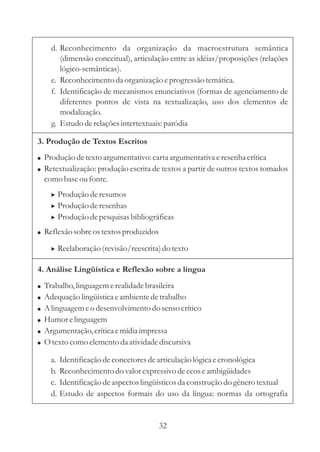 d. Reconhecimento da organização da macroestrutura semântica 
(dimensão conceitual), articulação entre as idéias/proposições (relações 
lógico-semânticas). 
e. Reconhecimento da organização e progressão temática. 
f. Identificação de mecanismos enunciativos (formas de agenciamento de 
diferentes pontos de vista na textualização, uso dos elementos de 
modalização. 
g. Estudo de relações intertextuais: paródia 
3. Produção de Textos Escritos 
 
 
 
Produção de texto argumentativo: carta argumentativa e resenha crítica 
Retextualização: produção escrita de textos a partir de outros textos tomados 
como base ou fonte. 
 
 
 
Produção de resumos 
Produção de resenhas 
Produção de pesquisas bibliográficas 
Reflexão sobre os textos produzidos 
 Reelaboração (revisão/reescrita) do texto 
4. Análise Lingüística e Reflexão sobre a língua 
 
 
 
 
 
 
Trabalho, linguagem e realidade brasileira 
Adequação lingüística e ambiente de trabalho 
Alinguagem e o desenvolvimento do senso crítico 
Humor e linguagem 
Argumentação, crítica e mídia impressa 
Otexto como elemento da atividade discursiva 
a. Identificação de conectores de articulação lógica e cronológica 
b. Reconhecimento do valor expressivo de ecos e ambigüidades 
c. Identificação de aspectos lingüísticos da construção do gênero textual 
d. Estudo de aspectos formais do uso da língua: normas da ortografia 
32 
 