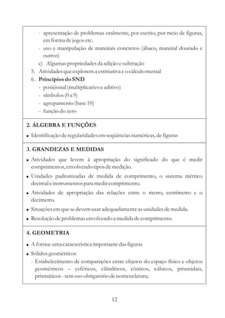 12
- apresentação de problemas oralmente, por escrito, por meio de figuras,
emforma dejogosetc.
- uso e manipulação de materiais concretos (ábaco, material dourado e
outros)
c) Algumaspropriedadesda adição esubtração
5. Atividadesqueexplorema estimativa eo cálculomental
6.
- posicional (multiplicativo eaditivo)
- símbolos (0a 9)
- agrupamento(base10)
- funçãodo zero
Princípios do SND
2. ÁLGEBRA E FUNÇÕES
3. GRANDEZAS E MEDIDAS
! Identificaçãoderegularidadesemseqüênciasnuméricas,defiguras
!
!
!
!
!
Atividades que levem à apropriação do significado do que é medir
comprimentos,envolvendo tiposdemedição.
Unidades padronizadas de medida de comprimento, o sistema métrico
decimaleinstrumentospara medircomprimento.
Atividades de apropriação das relações entre o metro, centímetro e o
decímetro.
Situaçõesemquesedevemusaradequadamenteasunidadesdemedida.
Resoluçãodeproblemasenvolvendo a medidadecomprimento.
4. GEOMETRIA
!
!
A forma: umacaracterísticaimportantedasfiguras
Sólidos geométricos
- Estabelecimento de comparações entre objetos do espaço físico e objetos
geométricos esféricos, cilíndricos, cônicos, cúbicos, piramidais,
prismáticos-semusoobrigatóriodenomenclatura;
–
 