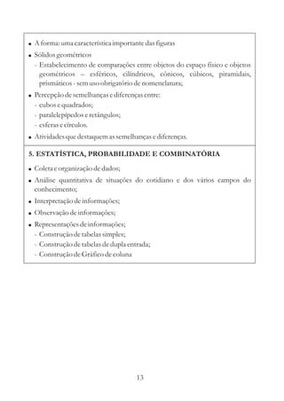 !
!
A forma: umacaracterísticaimportantedasfiguras
Sólidos geométricos
- Estabelecimento de comparações entre objetos do espaço físico e objetos
geométricos esféricos, cilíndricos, cônicos, cúbicos, piramidais,
prismáticos-semusoobrigatóriodenomenclatura;
!
!
Percepção desemelhançasediferençasentre:
- cubosequadrados;
- paralelepípedos eretângulos;
- esferasecírculos.
Atividadesquedestaquemassemelhançasediferenças.
–
!
!
!
!
!
Coletaeorganização dedados;
Análise quantitativa de situações do cotidiano e dos vários campos do
conhecimento;
Interpretaçãodeinformações;
Observação deinformações;
Representaçõesdeinformações;
- Construçãodetabelassimples;
- Construçãodetabelasdedupla entrada;
- ConstruçãodeGráficodecoluna
5. ESTATÍSTICA, PROBABILIDADE E COMBINATÓRIA
13
 