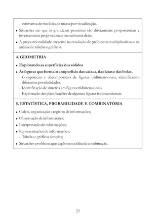23
4. GEOMETRIA
!
!
- Composição e decomposição de figuras tridimensionais, identificando
diferentespossibilidades.
- Identificaçãodesimetriaemfigurastridimensionais.
- Exploração dasplanificaçõesdealgumasfigurastridimensionais.
Explorando assuperfíciesdossólidos
Asfigurasque formamasuperfíciedascaixas,daslatasedasbolas.
5. ESTATÍSTICA, PROBABILIDADE E COMBINATÓRIA
!
!
!
!
Coleta,organização eregistrodeinformações;
Observação deinformações;
Interpretaçãodeinformações;
Representaçõesdeinformações;
- Tabelas egráficossimples;
! Situações-problemaqueexplorema idéiadecombinação.
- estimativa demedidasdemassapor visualização.
!
!
Situações em que as grandezas presentes são diretamente proporcionais e
inversamenteproporcionais ounenhuma delas.
A proporcionalidade presente na resolução de problemas multiplicativos e na
análise detabelasegráficos.
 