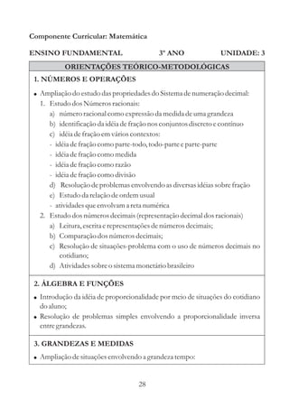 28
ENSINO FUNDAMENTAL
Componente Curricular: Matemática
UNIDADE: 3
ORIENTAÇÕES TEÓRICO-METODOLÓGICAS
3º ANO
1. NÚMEROS E OPERAÇÕES
! Ampliação do estudodaspropriedadesdo Sistemadenumeraçãodecimal:
1. EstudodosNúmerosracionais:
a) númeroracional como expressãoda medidadeumagrandeza
b) identificaçãoda idéiadefraçãonos conjuntosdiscretoecontínuo
c) idéiadefraçãoemvárioscontextos:
- idéiadefraçãocomo parte-todo,todo-parteeparte-parte
- idéiadefraçãocomo medida
- idéiadefraçãocomo razão
- idéiadefraçãocomo divisão
d) Resoluçãodeproblemasenvolvendo asdiversasidéiassobrefração
e) Estudoda relaçãodeordemusual
- atividadesqueenvolvam a retanumérica
2. Estudodosnúmerosdecimais(representaçãodecimaldosracionais)
a) Leitura,escritaerepresentaçõesdenúmerosdecimais;
b) Comparação dosnúmerosdecimais;
c) Resolução de situações-problema com o uso de números decimais no
cotidiano;
d) Atividadessobreo sistemamonetáriobrasileiro
2. ÁLGEBRA E FUNÇÕES
!
!
Introdução da idéia de proporcionalidade por meio de situações do cotidiano
do aluno;
Resolução de problemas simples envolvendo a proporcionalidade inversa
entregrandezas.
3. GRANDEZAS E MEDIDAS
! Ampliação desituaçõesenvolvendo a grandeza tempo:
 