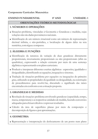 57
ENSINO FUNDAMENTAL
1. NÚMEROS E OPERAÇÕES
2. ÁLGEBRA E FUNÇÕES
Componente Curricular: Matemática
UNIDADE: 1
ORIENTAÇÕES TEÓRICO-METODOLÓGICAS
8º ANO
!
!
!
Identificação da natureza da variação de duas grandezas diretamente
proporcionais, inversamente proporcionais ou não proporcionais (afim ou
quadrática), expressando a relação existente por meio de uma sentença
algébricaerepresentandoa no plano cartesiano.
Produzir e interpretar diferentes escritas algébricas expressões, igualdades e
desigualdades,identificandoasequações,inequaçõesesistemas;
Tradução de situações-problema por equações ou inequações do primeiro
grau, utilizando as propriedades da igualdade ou desigualdade, na construção
de procedimentos para resolvê-las, discutindo o significado das raízes
encontradasemconfrontocoma situaçãoproposta.
!
!
Resolução de situações-problema envolvendo grandezas (capacidade, tempo,
massa, temperatura) e as respectivas unidades de medida, fazendo conversões
adequadaspara efetuarcálculoseexpressarresultados.
Cálculo da área de superfícies planas por meio da composição e
decomposiçãodefigurasepor aproximações.
!
!
Situações-problema, vinculadas à Geometria e Grandezas e medidas, cujas
soluçõesnão são dadas por númerosracionais.
Identificação de um número irracional como um número de representação
decimal infinita, e não-periódica, e localização de alguns deles na reta
numérica,comréguaecompasso.
3. GRANDEZAS E MEDIDAS
4. GEOMETRIA
! Representação e interpretação do deslocamento de um ponto num plano
 