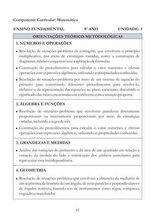 61
ENSINO FUNDAMENTAL
1. NÚMEROS E OPERAÇÕES
2. ÁLGEBRA E FUNÇÕES
Componente Curricular: Matemática
UNIDADE: 3
ORIENTAÇÕES TEÓRICO-METODOLÓGICAS
8º ANO
!
!
Resolução de situações-problema que envolvem grandezas diretamente
proporcionais ou inversamente proporcionais por meio de estratégias
variadas,incluindo a regradetrês.
Construção de procedimentos para calcular o valor numérico e efetuar
operaçõescomexpressõesalgébricas,utilizando aspropriedadesconhecidas.
!
!
!
Resolução de situações-problema de contagem, que envolvem o princípio
multiplicativo, por meio de estratégias variadas, como a construção de
diagramas,tabelaseesquemassema aplicação defórmulas.
Construção de procedimentos para calcular o valor numérico e efetuar
operaçõescomexpressõesalgébricas,utilizando aspropriedadesconhecidas.
Resolução de situações-problema por meio de um sistema de equação do
primeiro grau construindo diferentes procedimentos para resolvê-lo,
inclusive o da representação das equações no plano cartesiano, discutindo o
significadodasraízesencontradasemconfrontocoma situaçãoproposta.
! Análise das variações do perímetro e da área de um quadrado em relação à
variação da medida do lado e construção dos gráficos cartesianos para
representaressainterdependência.
3. GRANDEZAS E MEDIDAS
4. GEOMETRIA
! Resolução de situações-problema que envolvam a obtenção da mediatriz de
um segmento, da bissetriz de um ângulo, de retas paralelas e perpendiculares e
de ângulos notáveis, fazendo uso de instrumentos como régua, compasso,
esquadroetransferidor.
 