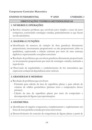 64
ENSINO FUNDAMENTAL
1. NÚMEROS E OPERAÇÕES
2. ÁLGEBRA E FUNÇÕES
Componente Curricular: Matemática
UNIDADE: 1
ORIENTAÇÕES TEÓRICO-METODOLÓGICAS
9º ANO
!
!
!
Identificação da natureza da variação de duas grandezas diretamente
proporcionais, inversamente proporcionais ou não proporcionais (afim ou
quadrática), expressando a relação existente por meio de uma sentença
algébricaerepresentando-ano plano cartesiano.
Resolução de problemas que envolvem grandezas diretamente proporcionais
ou inversamente proporcionais por meio de estratégias variadas, incluindo a
regradetrês.
Observação de regularidades e estabelecimento de leis matemáticas que
expressema relaçãodedependênciaentrevariáveis.
! Resoluçãodeproblemasqueenvolvem:
- Fórmulas para cálculo da área de superfícies planas e para cálculo de
volumes de sólidos geométricos (prismas retos e composições desses
prismas).
- Cálculo da área de superfícies planas por meio da composição e
decomposiçãodefigurasepor aproximações.
! Resolver situações problema que envolvam juros simples e casos de juros
compostos, construindo estratégias variadas, particularmente as que fazem
usoda calculadora.
3. GRANDEZAS E MEDIDAS
4. GEOMETRIA
!
!
Identificação de ângulos congruentes, complementares e suplementares em
feixesderetasparalelascortadaspor retastransversais.
Desenvolvimento do conceito de congruência de figuras planas a partir de
 