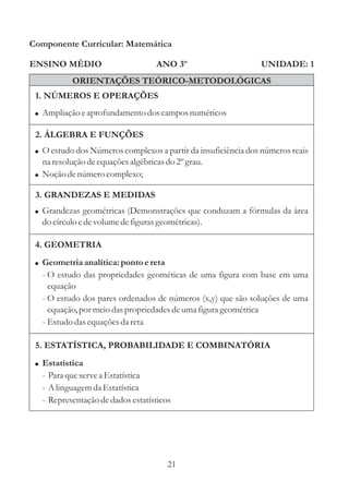 Componente Curricular: Matemática

ENSINO MÉDIO                        ANO 3º                     UNIDADE: 1
           ORIENTAÇÕES TEÓRICO-METODOLÓGICAS
 1. NÚMEROS E OPERAÇÕES
 ! Ampliação e aprofundamento dos campos numéricos

 2. ÁLGEBRA E FUNÇÕES
 ! O estudo dos Números complexos a partir da insuficiência dos números reais
   na resolução de equações algébricas do 2º grau.
 ! Noção de número complexo;

 3. GRANDEZAS E MEDIDAS
 ! Grandezas geométricas (Demonstrações que conduzam a fórmulas da área
   do círculo e de volume de figuras geométricas).

 4. GEOMETRIA
 ! Geometria analítica: ponto e reta
   - O estudo das propriedades geométicas de uma figura com base em uma
     equação
   - O estudo dos pares ordenados de números (x,y) que são soluções de uma
     equação, por meio das propriedades de uma figura geométrica
   - Estudo das equações da reta

 5. ESTATÍSTICA, PROBABILIDADE E COMBINATÓRIA
 ! Estatística
   - Para que serve a Estatística
   - A linguagem da Estatística
   - Representação de dados estatísticos




                                       21
 