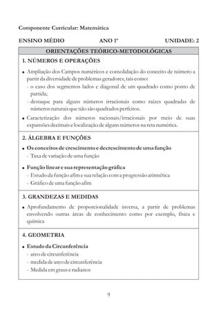 Componente Curricular: Matemática

ENSINO MÉDIO                         ANO 1º                     UNIDADE: 2
          ORIENTAÇÕES TEÓRICO-METODOLÓGICAS
 1. NÚMEROS E OPERAÇÕES
 ! Ampliação dos Campos numéricos e consolidação do conceito de número a
  partir da diversidade de problemas geradores, tais como:
  - o caso dos segmentos lados e diagonal de um quadrado como ponto de
    partida;
  - destaque para alguns números irracionais como raízes quadradas de
    números naturais que não são quadrados perfeitos.
 ! Caracterização dos números racionais/irracionais por meio de suas
  expansões decimais e localização de alguns números na reta numérica.

 2. ÁLGEBRA E FUNÇÕES
 ! Os conceitos de crescimento e decrescimento de uma função
  - Taxa de variação de uma função
 ! Função linear e sua representação gráfica
  - Estudo da função afim e sua relação com a progressão aritmética
  - Gráfico de uma função afim

 3. GRANDEZAS E MEDIDAS
 ! Aprofundamento de proporcionalidade inversa, a partir de problemas
  envolvendo outras áreas de conhecimento como por exemplo, física e
  química

 4. GEOMETRIA
 ! Estudo da Circunferência
  - arco de circunferência
  - medida de arco de circunferência
  - Medida em graus e radianos



                                       9
 