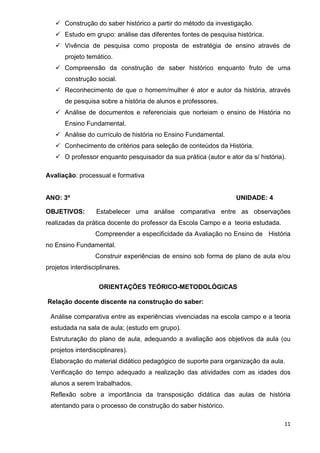 Construção do saber histórico a partir do método da investigação.
       Estudo em grupo: análise das diferentes fontes de pesquisa histórica.
       Vivência de pesquisa como proposta de estratégia de ensino através de
       projeto temático.
       Compreensão da construção de saber histórico enquanto fruto de uma
       construção social.
       Reconhecimento de que o homem/mulher é ator e autor da história, através
       de pesquisa sobre a história de alunos e professores.
       Análise de documentos e referenciais que norteiam o ensino de História no
       Ensino Fundamental.
       Análise do currículo de história no Ensino Fundamental.
       Conhecimento de critérios para seleção de conteúdos da História.
       O professor enquanto pesquisador da sua prática (autor e ator da s/ história).

Avaliação: processual e formativa


ANO: 3º                                                            UNIDADE: 4

OBJETIVOS:        Estabelecer uma análise comparativa entre as observações
realizadas da prática docente do professor da Escola Campo e a teoria estudada.
                  Compreender a especificidade da Avaliação no Ensino de História
no Ensino Fundamental.
                  Construir experiências de ensino sob forma de plano de aula e/ou
projetos interdisciplinares.


                   ORIENTAÇÕES TEÓRICO-METODOLÓGICAS

Relação docente discente na construção do saber:

 Análise comparativa entre as experiências vivenciadas na escola campo e a teoria
 estudada na sala de aula; (estudo em grupo).
 Estruturação do plano de aula, adequando a avaliação aos objetivos da aula (ou
 projetos interdisciplinares).
 Elaboração do material didático pedagógico de suporte para organização da aula.
 Verificação do tempo adequado a realização das atividades com as idades dos
 alunos a serem trabalhados.
 Reflexão sobre a importância da transposição didática das aulas de história
 atentando para o processo de construção do saber histórico.

                                                                                    11
 