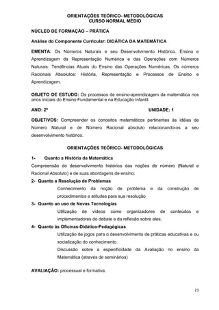 ORIENTAÇÕES TEÓRICO- METODOLÓGICAS
                          CURSO NORMAL MÉDIO

NÚCLEO DE FORMAÇÃO – PRÁTICA

Análise do Componente Curricular: DIDÁTICA DA MATEMÁTICA

EMENTA: Os Números Naturais e seu Desenvolvimento Histórico. Ensino e
Aprendizagem da Representação Numérica e das Operações com Números
Naturais. Tendências Atuais do Ensino das Operações Numéricas. Os números
Racionais   Absolutos:    História,   Representação    e   Processos     de   Ensino    e
Aprendizagem.

OBJETO DE ESTUDO: Os processos de ensino-aprendizagem da matemática nos
anos iniciais do Ensino Fundamental e na Educação Infantil.

ANO: 2º                                                       UNIDADE: 1

OBJETIVOS: Compreender os conceitos matemáticos pertinentes às idéias de
Número Natural e de Número Racional absoluto relacionando-os a seu
desenvolvimento histórico.

                  ORIENTAÇÕES TEÓRICO- METODOLÓGICAS

1-    Quanto a História da Matemática
Compreensão do desenvolvimento histórico das noções de número (Natural e
Racional Absoluto) e de suas abordagens de ensino;
2- Quanto a Resolução de Problemas
             Conhecimento      da     noção   de   problema   e    da    construção    de
             procedimentos e atitudes para sua resolução
3- Quanto ao uso de Novas Tecnologias
             Utilização   de    vídeos    como     organizadores    de    conteúdos    e
             implementadores do debate e da reflexão sobre eles.
4- Quanto às Oficinas-Didático-Pedagógicas
             Utilização de jogos para o desenvolvimento de práticas educativas e ou
             socialização do conhecimento.
             Discussão sobre a especificidade da Avaliação no ensino da
             Matemática (através de seminários)


AVALIAÇÃO: processual e formativa.



                                                                                       23
 