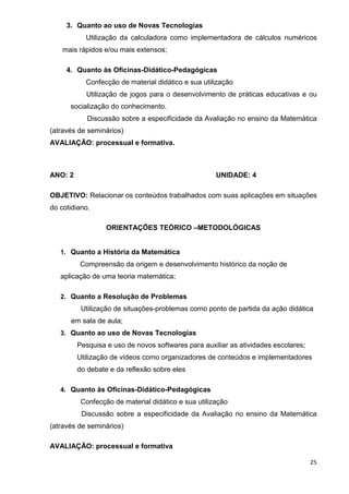 3. Quanto ao uso de Novas Tecnologias
           Utilização da calculadora como implementadora de cálculos numéricos
    mais rápidos e/ou mais extensos;

     4. Quanto às Oficinas-Didático-Pedagógicas
           Confecção de material didático e sua utilização
           Utilização de jogos para o desenvolvimento de práticas educativas e ou
      socialização do conhecimento.
            Discussão sobre a especificidade da Avaliação no ensino da Matemática
(através de seminários)
AVALIAÇÃO: processual e formativa.



ANO: 2                                               UNIDADE: 4

OBJETIVO: Relacionar os conteúdos trabalhados com suas aplicações em situações
do cotidiano.

                  ORIENTAÇÕES TEÓRICO –METODOLÓGICAS


   1. Quanto a História da Matemática
         Compreensão da origem e desenvolvimento histórico da noção de
   aplicação de uma teoria matemática;

   2. Quanto a Resolução de Problemas
          Utilização de situações-problemas como ponto de partida da ação didática
      em sala de aula;
   3. Quanto ao uso de Novas Tecnologias
         Pesquisa e uso de novos softwares para auxiliar as atividades escolares;
         Utilização de vídeos como organizadores de conteúdos e implementadores
         do debate e da reflexão sobre eles

   4. Quanto às Oficinas-Didático-Pedagógicas
          Confecção de material didático e sua utilização
          Discussão sobre a especificidade da Avaliação no ensino da Matemática
(através de seminários)

AVALIAÇÃO: processual e formativa

                                                                                    25
 