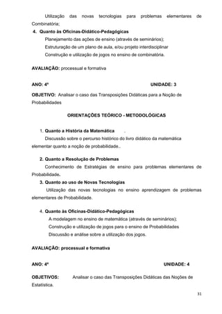 Utilização   das   novas    tecnologias       para   problemas    elementares   de
Combinatória;
4. Quanto às Oficinas-Didático-Pedagógicas
       Planejamento das ações de ensino (através de seminários);
       Estruturação de um plano de aula, e/ou projeto interdisciplinar
       Construção e utilização de jogos no ensino de combinatória.


AVALIAÇÃO: processual e formativa


ANO: 4º                                                         UNIDADE: 3

OBJETIVO: Analisar o caso das Transposições Didáticas para a Noção de
Probabilidades

                    ORIENTAÇÕES TEÓRICO - METODOLÓGICAS


    1. Quanto a História da Matemática           .
       Discussão sobre o percurso histórico do livro didático da matemática
elementar quanto a noção de probabilidade..

    2. Quanto a Resolução de Problemas
       Conhecimento de Estratégias de ensino para problemas elementares de
Probabilidade.
    3. Quanto ao uso de Novas Tecnologias
       Utilização das novas tecnologias no ensino aprendizagem de problemas
elementares de Probabilidade.


    4. Quanto às Oficinas-Didático-Pedagógicas
          A modelagem no ensino de matemática (através de seminários);
          Construção e utilização de jogos para o ensino de Probabilidades
          Discussão e análise sobre a utilização dos jogos.


AVALIAÇÃO: processual e formativa


ANO: 4º                                                                 UNIDADE: 4

OBJETIVOS:            Analisar o caso das Transposições Didáticas das Noções de
Estatística.
                                                                                       31
 