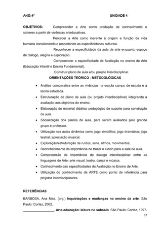 ANO:4º                                                          UNIDADE 4


OBJETIVOS:              Compreender a Arte como produção de conhecimento e
saberes a partir de vivências arteducativas.
                        Perceber a Arte como inerente à origem e função da vida
humana considerando e respeitando as especificidades culturais.
                        Reconhecer a especificidade da aula de arte enquanto espaço
de diálogo, alegria e exploração.
                        Compreender a especificidade da Avaliação no ensino de Arte
(Educação Infantil e Ensino Fundamental).
                        Construir plano de aula e/ou projeto Interdisciplinar.
                   ORIENTAÇÕES TEÓRICO - METODOLÓGICAS

         •   Análise comparativa entre as vivências na escola campo de estudo e a
             teoria estudada.
         •   Estruturação do plano de aula (ou projeto interdisciplinar) integrando a
             avaliação aos objetivos do ensino.
         •   Elaboração do material didático pedagógico de suporte para construção
             da aula.
         •   Socialização dos planos de aula, para serem avaliados pelo grande
             grupo e professor.
         •   Utilização nas aulas dinâmica como jogo simbólico; jogo dramático; jogo
             teatral; apreciação musical.
         •   Exploração/estruturação de ruídos, sons, ritmos, movimentos;
         •   Reconhecimento da importância de trazer o lúdico para a sala de aula.
         •   Compreensão da importância do diálogo interdisciplinar entre as
             linguagens de Arte: arte visual, teatro, dança e música.
         •   Conhecimento das especificidades da Avaliação no Ensino de Arte.
         •   Utilização do conhecimento de ARTE como ponto de referência para
             projetos interdisciplinares.



REFERÊNCIAS

BARBOSA, Ana Mae. (org.) Inquietações e mudanças no ensino da arte. São
Paulo: Cortez, 2002.
_________________. Arte-educação: leitura no subsolo. São Paulo: Cortez, 1997.
                                                                                     37
 