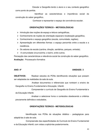 Estudar a Geografia tendo o aluno e o seu contexto geográfico
 como ponto de partida.
                         Identificar   as   características   e   importância   social   da
 construção do saber geográfico.
                      Conhecer e representar o espaço de convivência escolar.


                    ORIENTAÇÕES TEÓRICO – METODOLÓGICAS

      Introdução das noções de espaço e leitura cartográficas.
      Conhecimento de noções de orientação espacial e localização geográfica,
      Conhecimento o espaço geográfico (escola, comunidade, regiões).
      Apresentação em diferentes formas: o espaço percorrido entre a escola e a
      residência.
      Os setores da escola (cantina, direção, sanitários, parques, entrada).
       A comunidade circunvizinha; o bairro, entre outros.
Percepção das características e relevância social da construção do saber geográfico.
Avaliação: Processual e formativa




ANO: 4º                                                                UNIDADE: 3


OBJETIVOS:           Realizar estudos do PCNs identificando situações que possam
ser adaptadas às realidades da sala de aula.
                     Analisar documentos e referenciais que norteiam o ensino de
 Geografia no Ensino Fundamental e Educação. Infantil.
                     Compreender o currículo de Geografia do Ensino Fundamental e
 da Educação Infantil.
                     Analisar e selecionar livros e conteúdos obedecendo a critérios
 previamente definidos e estudados.


                    ORIENTAÇÕES TEÓRICO - METODOLÓGICAS


             Identificação nos PCNs de situações didático - pedagógicas para
adaptá-las á sala de aula.
             Compreensão das especificidades do Currículo do Ensino Fundamental
e da Educação Infantil, com vistas a aplicá-las posteriormente.

                                                                                         43
 