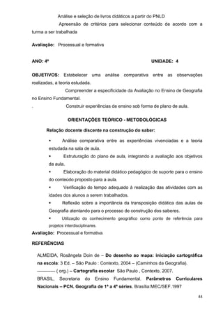 Análise e seleção de livros didáticos a partir do PNLD
               Apreensão de critérios para selecionar conteúdo de acordo com a
turma a ser trabalhada

Avaliação: Processual e formativa


ANO: 4º                                                        UNIDADE: 4


OBJETIVOS:        Estabelecer uma        análise comparativa   entre as      observações
realizadas, a teoria estudada.
                     Compreender a especificidade da Avaliação no Ensino de Geografia
no Ensino Fundamental.
.                    Construir experiências de ensino sob forma de plano de aula.


                      ORIENTAÇÕES TEÓRICO - METODOLÓGICAS

        Relação docente discente na construção do saber:

                 Análise comparativa entre as experiências vivenciadas e a teoria
          estudada na sala de aula.
                  Estruturação do plano de aula, integrando a avaliação aos objetivos
          da aula.
                  Elaboração do material didático pedagógico de suporte para o ensino
          do conteúdo proposto para a aula.
                  Verificação do tempo adequado à realização das atividades com as
          idades dos alunos a serem trabalhados.
                 Reflexão sobre a importância da transposição didática das aulas de
          Geografia atentando para o processo de construção dos saberes.
                 Utilização do conhecimento geográfico como ponto de referência para
          projetos interdisciplinares.
Avaliação: Processual e formativa

REFERÊNCIAS

    ALMEIDA, Rosângela Doin de – Do desenho ao mapa: iniciação cartográfica
    na escola: 3 Ed. – São Paulo : Contexto, 2004 – (Caminhos da Geografia).
    ------------ ( org.) – Cartografia escolar São Paulo , Contexto, 2007.
    BRASIL,     Secretaria     do    Ensino   Fundamental.   Parâmetros      Curriculares
    Nacionais – PCN. Geografia de 1ª a 4ª séries. Brasília:MEC/SEF.1997

                                                                                       44
 