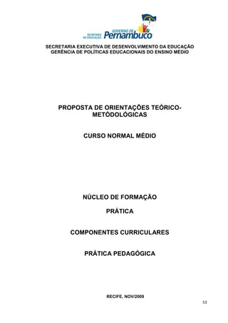 SECRETARIA EXECUTIVA DE DESENVOLVIMENTO DA EDUCAÇÃO
  GERÊNCIA DE POLÍTICAS EDUCACIONAIS DO ENSINO MÉDIO




    PROPOSTA DE ORIENTAÇÕES TEÓRICO-
            METÓDOLÓGICAS


             CURSO NORMAL MÉDIO




             NÚCLEO DE FORMAÇÃO

                     PRÁTICA


        COMPONENTES CURRICULARES


             PRÁTICA PEDAGÓGICA




                     RECIFE, NOV/2009
                                                       53
 