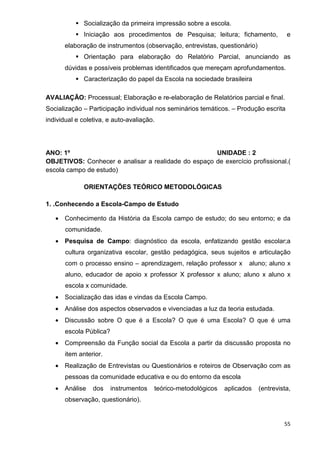 Socialização da primeira impressão sobre a escola.
              Iniciação aos procedimentos de Pesquisa; leitura; fichamento,           e
       elaboração de instrumentos (observação, entrevistas, questionário)
              Orientação para elaboração do Relatório Parcial, anunciando as
       dúvidas e possíveis problemas identificados que mereçam aprofundamentos.
              Caracterização do papel da Escola na sociedade brasileira

AVALIAÇÃO: Processual; Elaboração e re-elaboração de Relatórios parcial e final.
Socialização – Participação individual nos seminários temáticos. – Produção escrita
individual e coletiva, e auto-avaliação.




ANO: 1º                                              UNIDADE : 2
OBJETIVOS: Conhecer e analisar a realidade do espaço de exercício profissional.(
escola campo de estudo)

              ORIENTAÇÕES TEÓRICO METODOLÓGICAS

1. .Conhecendo a Escola-Campo de Estudo

   • Conhecimento da História da Escola campo de estudo; do seu entorno; e da
       comunidade.
   • Pesquisa de Campo: diagnóstico da escola, enfatizando gestão escolar;a
       cultura organizativa escolar, gestão pedagógica, seus sujeitos e articulação
       com o processo ensino – aprendizagem, relação professor x        aluno; aluno x
       aluno, educador de apoio x professor X professor x aluno; aluno x aluno x
       escola x comunidade.
   • Socialização das idas e vindas da Escola Campo.
   •   Análise dos aspectos observados e vivenciadas a luz da teoria estudada.
   •   Discussão sobre O que é a Escola? O que é uma Escola? O que é uma
       escola Pública?
   •   Compreensão da Função social da Escola a partir da discussão proposta no
       item anterior.
   •   Realização de Entrevistas ou Questionários e roteiros de Observação com as
       pessoas da comunidade educativa e ou do entorno da escola
   •   Análise   dos     instrumentos   teórico-metodológicos   aplicados   (entrevista,
       observação, questionário).


                                                                                     55
 