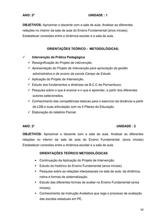 ANO: 2º                                            UNIDADE : 1


OBJETIVOS: Aproximar o discente com a sala de aula; Analisar as diferentes
relações no interior da sala de aula do Ensino Fundamental (anos iniciais);
Estabelecer conexões entre a dinâmica escolar e a sala de aula.



                    ORIENTAÇÕES TEÓRICO - METODOLÓGICAS;

      Intervenção da Prática Pedagógica
      Ressignificação do Projeto de intervenção.
      Apresentação do Projeto de Intervenção para apreciação da gestão
       administrativa e de ensino da escola Campo de Estudo.
      Aplicação do Projeto de Intervenção.
      Estudo dos fundamentos e diretrizes da B.C.C de Pernambuco.
      Pesquisa sobre o que é ensinar e o que é aprender, a partir dos diferentes
       autores selecionados.
      Conhecimento das competências básicas para o exercício da docência a partir
       da LDB e suas articulação com os 4 Pilares da Educação.
      Elaboração do relatório Parcial.



ANO: 2º                                                UNIDADE : 2
.
OBJETIVOS: Aproximar o discente com a sala de aula. Analisar as diferentes
relações no interior da sala de aula do Ensino Fundamental. (anos iniciais)
Estabelecer conexões entre a dinâmica escolar e a sala de aula.

              ORIENTAÇÕES TEÓRICO METODOLÓGICAS

          •   Continuação da Aplicação do Projeto de Intervenção.
              Estudo do histórico do Ensino Fundamental (anos iniciais).
              Pesquisa sobre as relações interpessoais na sala de aula; da dinâmica,
              rotina e formas de sistematização.
              Estudo das diferentes formas de avaliar no Ensino Fundamental (anos
              iniciais).
              Conhecimento da Instrução Avaliativa que rege o processo de avaliação
              das escolas estaduais em PE.


                                                                                    58
 
