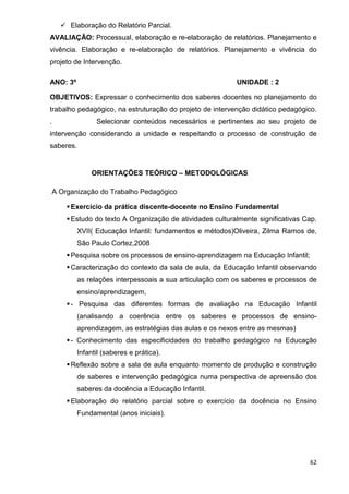 Elaboração do Relatório Parcial.
AVALIAÇÃO: Processual, elaboração e re-elaboração de relatórios. Planejamento e
vivência. Elaboração e re-elaboração de relatórios. Planejamento e vivência do
projeto de Intervenção.

ANO: 3º                                                     UNIDADE : 2

OBJETIVOS: Expressar o conhecimento dos saberes docentes no planejamento do
trabalho pedagógico, na estruturação do projeto de intervenção didático pedagógico.
.                Selecionar conteúdos necessários e pertinentes ao seu projeto de
intervenção considerando a unidade e respeitando o processo de construção de
saberes.


                ORIENTAÇÕES TEÓRICO – METODOLÓGICAS

    A Organização do Trabalho Pedagógico

         Exercício da prática discente-docente no Ensino Fundamental
         Estudo do texto A Organização de atividades culturalmente significativas Cap.
           XVII( Educação Infantil: fundamentos e métodos)Oliveira, Zilma Ramos de,
           São Paulo Cortez,2008
         Pesquisa sobre os processos de ensino-aprendizagem na Educação Infantil;
         Caracterização do contexto da sala de aula, da Educação Infantil observando
           as relações interpessoais a sua articulação com os saberes e processos de
           ensino/aprendizagem,
         - Pesquisa das diferentes formas de avaliação na Educação Infantil
           (analisando a coerência entre os saberes e processos de ensino-
           aprendizagem, as estratégias das aulas e os nexos entre as mesmas)
         - Conhecimento das especificidades do trabalho pedagógico na Educação
           Infantil (saberes e prática).
         Reflexão sobre a sala de aula enquanto momento de produção e construção
           de saberes e intervenção pedagógica numa perspectiva de apreensão dos
           saberes da docência a Educação Infantil.
         Elaboração do relatório parcial sobre o exercício da docência no Ensino
           Fundamental (anos iniciais).




                                                                                    62
 