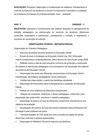AVALIAÇÃO: Processo, elaboração e re-elaboração de relatórios. Planejamento e
vivência do Exercício da docência no Ensino Fundamental. Considerar a avaliação
da professora do Espaço de profissionalização. Auto – avaliação.




ANO: 3º                                                              UNIDADE : 3

OBJETIVOS: Expressar o conhecimento dos saberes docentes no planejamento do
trabalho pedagógico, na estruturação do exercício da docência. Selecionar
conteúdos necessários e pertinentes, considerando a unidade e respeitando o
processo de construção de saberes.

                 ORIENTAÇÕES TEÓRICO - METODOLÓGICAS;

Organização do Trabalho Pedagógico

       Exercício da prática discente-docente na Educação Infantil.
       Estudo do texto A Avaliação na Educação Infantil Cap. XIX ( Educação
 Infantil: fundamentos e métodos)Oliveira, Zilma Ramos de, São Paulo Cortez,2008
       Reflexão sobre a sala de aula enquanto momento de produção e construção
 de saberes e intervenção pedagógica numa perspectiva de apreensão dos saberes
 da docência da Educação Infantil.
       Observação das aulas dos diferentes componentes na Educação Infantil
 (metodologia, abordagens pedagógicas, tempo adequado.
       Análise das observações, a partir das temáticas estudadas.
       Elaboração de Entrevistas sobre o planejamento e avaliação da Educação
 Infantil.
       Análise de livros didáticos de diferentes componentes.
       Seleção de conteúdos, dinâmicas, o tempo pedagógico, multimeios, para
 preparação das aulas enfim, estruturar o trabalho pedagógico.
       Elaboração de planos de aula de diferentes componente articulando-os aos
 objetivos da avaliação.
       Socialização dos planos de aula para serem avaliados pelos professores em
 formação e pelo professor da turma.
       Introduzir Noções do TCC tendo em vista a escolha do objeto de estudo
 diante das vivências e saberes apreendidos.
       Elaboração do Relatório Parcial do exercício da docência.



                                                                                   63
 