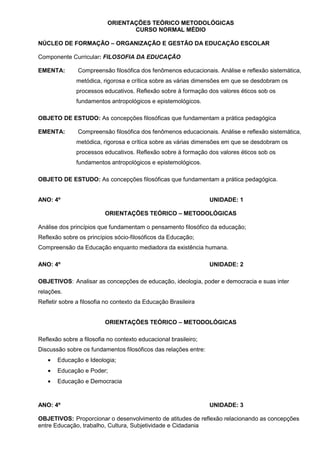 ORIENTAÇÕES TEÓRICO METODOLÓGICAS
                                  CURSO NORMAL MÉDIO

NÚCLEO DE FORMAÇÃO – ORGANIZAÇÃO E GESTÃO DA EDUCAÇÃO ESCOLAR

Componente Curricular: FILOSOFIA DA EDUCAÇÃO

EMENTA:        Compreensão filosófica dos fenômenos educacionais. Análise e reflexão sistemática,
              metódica, rigorosa e crítica sobre as várias dimensões em que se desdobram os
              processos educativos. Reflexão sobre à formação dos valores éticos sob os
              fundamentos antropológicos e epistemológicos.

OBJETO DE ESTUDO: As concepções filosóficas que fundamentam a prática pedagógica

EMENTA:        Compreensão filosófica dos fenômenos educacionais. Análise e reflexão sistemática,
              metódica, rigorosa e crítica sobre as várias dimensões em que se desdobram os
              processos educativos. Reflexão sobre à formação dos valores éticos sob os
              fundamentos antropológicos e epistemológicos.

OBJETO DE ESTUDO: As concepções filosóficas que fundamentam a prática pedagógica.


ANO: 4º                                                          UNIDADE: 1

                          ORIENTAÇÕES TEÓRICO – METODOLÓGICAS

Análise dos princípios que fundamentam o pensamento filosófico da educação;
Reflexão sobre os princípios sócio-filosóficos da Educação;
Compreensão da Educação enquanto mediadora da existência humana.

ANO: 4º                                                          UNIDADE: 2

OBJETIVOS: Analisar as concepções de educação, ideologia, poder e democracia e suas inter
relações.
Refletir sobre a filosofia no contexto da Educação Brasileira


                          ORIENTAÇÕES TEÓRICO – METODOLÓGICAS

Reflexão sobre a filosofia no contexto educacional brasileiro;
Discussão sobre os fundamentos filosóficos das relações entre:
   •   Educação e Ideologia;
   •   Educação e Poder;
   •   Educação e Democracia


ANO: 4º                                                          UNIDADE: 3

OBJETIVOS: Proporcionar o desenvolvimento de atitudes de reflexão relacionando as concepções
entre Educação, trabalho, Cultura, Subjetividade e Cidadania
 