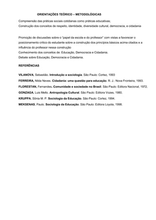 ORIENTAÇÕES TEÓRICO – METODOLÓGICAS

Compreensão das práticas sociais cotidianas como práticas educativas;
Construção dos conceitos de respeito, identidade, diversidade cultural, democracia, e cidadania



Promoção de discussões sobre o “papel da escola e do professor” com vistas a favorecer o
posicionamento critico do estudante sobre a construção dos princípios básicos acima citados e a
influência do professor nessa construção
Conhecimento dos conceitos de: Educação, Democracia e Cidadania.
Debate sobre Educação, Democracia e Cidadania.

REFERÊNCIAS


VILANOVA, Sebastião. Introdução a sociologia. São Paulo: Cortez, 1993

FERREIRA, Nilda Neves. Cidadania: uma questão para educação. R. J.: Nova Fronteira, 1993.

FLORESTAN, Fernandes. Comunidade e sociedade no Brasil. São Paulo: Editora Nacional, 1972.

GONZAGA, Luis Mello. Antropologia Cultural. São Paulo: Editora Vozes, 1980.

KRUPPA, Sônia M. P. Sociologia da Educação. São Paulo: Cortez, 1994.

MEKSENAS, Paulo. Sociologia da Educação. São Paulo: Editora Loyola, 1998.
 