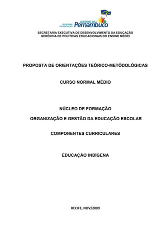 SECRETARIA EXECUTIVA DE DESENVOLVIMENTO DA EDUCAÇÃO
       GERÊNCIA DE POLÍTICAS EDUCACIONAIS DO ENSINO MÉDIO




PROPOSTA DE ORIENTAÇÕES TEÓRICO-METÓDOLÓGICAS


                 CURSO NORMAL MÉDIO




                NÚCLEO DE FORMAÇÃO

  ORGANIZAÇÃO E GESTÃO DA EDUCAÇÃO ESCOLAR


            COMPONENTES CURRICULARES




                  EDUCAÇÃO INDÍGENA




                       RECIFE, NOV/2009
 