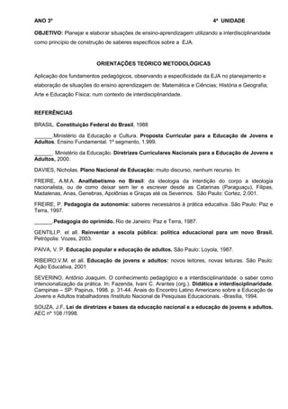 ANO 3º                                                                     4ª UNIDADE

OBJETIVO: Planejar e elaborar situações de ensino-aprendizagem utilizando a interdisciplinaridade
como princípio de construção de saberes específicos sobre a EJA.


                          ORIENTAÇÕES TEÓRICO METODOLÓGICAS

Aplicação dos fundamentos pedagógicos, observando a especificidade da EJA no planejamento e
elaboração de situações do ensino aprendizagem de: Matemática e Ciências; História e Geografia;
Arte e Educação Física; num contexto de interdisciplinaridade.


REFERÊNCIAS

BRASIL. Constituição Federal do Brasil, 1988

______.Ministério da Educação e Cultura. Proposta Curricular para a Educação de Jovens e
Adultos. Ensino Fundamental. 1º segmento, 1.999.

______. Ministério da Educação. Diretrizes Curriculares Nacionais para a Educação de Jovens e
Adultos, 2000.

DAVIES, Nicholas. Plano Nacional de Educação: muito discurso, nenhum recurso. In:

FREIRE, A.M.A. Analfabetismo no Brasil: da ideologia da interdição do corpo a ideologia
nacionalista, ou de como deixar sem ler e escrever desde as Catarinas (Paraguaçu), Filipas,
Madalenas, Anas, Genebras, Apolônias e Graças até os Severinos. São Paulo: Cortez, 2.001.

FREIRE, P. Pedagogia da autonomia: saberes necessários à prática educativa. São Paulo: Paz e
Terra, 1997.

______.Pedagogia do oprimido. Rio de Janeiro: Paz e Terra, 1987.

GENTILI.P. et all. Reinventar a escola pública: política educacional para um novo Brasil.
Petrópolis: Vozes, 2003.

PAIVA, V. P. Educação popular e educação de adultos. São Paulo: Loyola, 1987.

RIBEIRO,V.M. et all. Educação de jovens e adultos: novos leitores, novas leituras. São Paulo:
Ação Educativa, 2001

SEVERINO, Antônio Joaquim. O conhecimento pedagógico e a interdisciplinaridade: o saber como
intencionalização da prática. In: Fazenda, Ivani C. Arantes (org.). Didática e interdisciplinaridade.
Campinas – SP: Papirus, 1998. p. 31-44. Anais do Encontro Latino Americano sobre a Educação de
Jovens e Adultos trabalhadores /Instituto Nacional de Pesquisas Educacionais. -Brasília, 1994.

SOUZA, J.F. Lei de diretrizes e bases da educação nacional e a educação de jovens e adultos.
AEC nº 108 /1998.
 