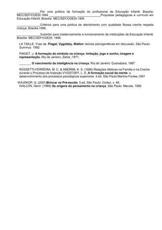 ______________Por uma política de formação do profissional de Educação Infantil. Brasília:
MEC/SEF/COEDI.1994 ________________ ______________Propostas pedagógicas e currículo em
Educação Infantil. Brasília: MEC/SEF/COEDI.1994

______________Critérios para uma política de atendimento com qualidade Nossa creche respeita
criança. Brasília,1996.

______________Subsídio para credenciamento e funcionamento de instituições de Educação Infantil.
Brasília: MEC/SEF/COEDI, 1998.

 LA TAILLE, Yves de. Piaget, Vygotsky, Wallon: teorias psicogenéticas em discussão. São Paulo:
 Summus 1992

 PIAGET, J. A formação do símbolo na criança: imitação, jogo e sonho, imagem e
 representação. Rio de Janeiro, Zahar,,1971.

 _______ O nascimento da inteligência na criança. Rio de Janeiro: Guanabara, 1987

 ROSSETTI-FERREIRA, M. C. & AMORIM, K. S. (1996) Relações Afetivas na Família e na Creche
 durante o Processo de Inserção VYGOTSKY, L. S. A formação social da mente: o
 desenvolvimento dos processos psicológicos superiores. 4.ed. São Paulo:Martins Fontes,1991

WAJSKOP, G. (2001)Brincar na Pré-escola. 5.ed. São Paulo: Cortez, v. 48,
 WALLON, Henri. (1989) As origens do pensamento na criança. São Paulo: Manole, 1989
 