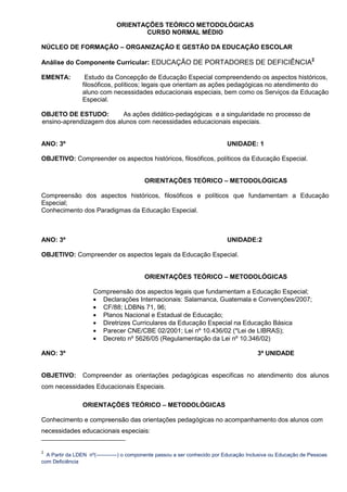 ORIENTAÇÕES TEÓRICO METODOLÓGICAS
                                     CURSO NORMAL MÉDIO

NÚCLEO DE FORMAÇÃO – ORGANIZAÇÃO E GESTÃO DA EDUCAÇÃO ESCOLAR
                                                                       2
Análise do Componente Curricular: EDUCAÇÃO DE PORTADORES DE DEFICIÊNCIA

EMENTA:          Estudo da Concepção de Educação Especial compreendendo os aspectos históricos,
                filosóficos, políticos; legais que orientam as ações pedagógicas no atendimento do
                aluno com necessidades educacionais especiais, bem como os Serviços da Educação
                Especial.

OBJETO DE ESTUDO:         As ações didático-pedagógicas e a singularidade no processo de
ensino-aprendizagem dos alunos com necessidades educacionais especiais.


ANO: 3º                                                                     UNIDADE: 1

OBJETIVO: Compreender os aspectos históricos, filosóficos, políticos da Educação Especial.


                                          ORIENTAÇÕES TEÓRICO – METODOLÓGICAS

Compreensão dos aspectos históricos, filosóficos e políticos que fundamentam a Educação
Especial;
Conhecimento dos Paradigmas da Educação Especial.



ANO: 3º                                                                     UNIDADE:2

OBJETIVO: Compreender os aspectos legais da Educação Especial.


                                          ORIENTAÇÕES TEÓRICO – METODOLÓGICAS

                     Compreensão dos aspectos legais que fundamentam a Educação Especial;
                     • Declarações Internacionais: Salamanca, Guatemala e Convenções/2007;
                     • CF/88; LDBNs 71, 96;
                     • Planos Nacional e Estadual de Educação;
                     • Diretrizes Curriculares da Educação Especial na Educação Básica
                     • Parecer CNE/CBE 02/2001; Lei nº 10.436/02 (*Lei de LIBRAS);
                     • Decreto nº 5626/05 (Regulamentação da Lei nº 10.346/02)

ANO: 3º                                                                                 3ª UNIDADE


OBJETIVO:       Compreender as orientações pedagógicas especificas no atendimento dos alunos
com necessidades Educacionais Especiais.

                ORIENTAÇÕES TEÓRICO – METODOLÓGICAS

Conhecimento e compreensão das orientações pedagógicas no acompanhamento dos alunos com
necessidades educacionais especiais:


2
  A Partir da LDEN nº(------------) o componente passou a ser conhecido por Educação Inclusiva ou Educação de Pessoas
com Deficiência
 