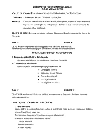 ORIENTAÇÕES TEÓRICO METODOLÓGICAS
                                  CURSO NORMAL MÉDIO

NÚCLEO DE FORMAÇÃO – ORGANIZAÇÃO E GESTÃO DA EDUCAÇÃO ESCOLAR

COMPONENTE CURRICULAR: HISTÓRIA DA EDUCAÇÃO

EMENTA;       A História da Educação Brasileira: Fases; Concepções, Objetivos; Inter- relações e
              Importância. Construção da      Interpretação da História que auxilie a formação do
              educador crítico e reflexivo.

OBJETO DE ESTUDO: Compreensão da realidade Educacional Brasileira através da História da
Educação.


ANO: 1º                                                           UNIDADE: 1

OBJETIVOS: Compreender as concepções sobre a História da Educação.
Identificar o pensamento pedagógico contido nos períodos históricos brasileiro.

                           ORIENTAÇÕES TEÓRICO - METODOLÓGICAS

1. Concepção sobre História da Educação
       Compreensão sobre as concepções da História da Educação;
2. O Pensamento Pedagógico
       Identificação do pensamento pedagógico existente na:
                                 •    Concepção primitiva
                                 •    Sociedade grego- Romana
                                 •    Educação medieval
                                 •    Educação nacional
                                 •    Educação Democrática



ANO: 1º                                                           UNIDADE: 2

OBJETIVOS: Analisar as influências políticas e econômicas na Educação Brasileira durante o
período Brasil Colônia

ORIENTAÇÕES TEÓRICO – METODOLÓGICAS

   1. Brasil Colônia
   Estudo sobre o contexto histórico, político e econômico neste período; (discussão, debates,
   síntese, trabalho em grupo etc.)
   Conhecimento do desenvolvimento do processo educacional;
   Análise da organização da educação formal:
       Domínio jesuítico
       Reforma pombalina
       A contra-reforma
 