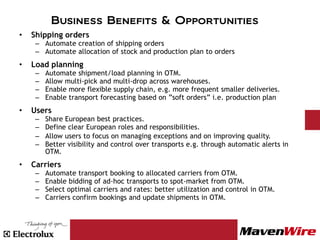 Business Benefits & Opportunities
•   Shipping orders
     – Automate creation of shipping orders
     – Automate allocation of stock and production plan to orders
•   Load planning
     –   Automate shipment/load planning in OTM.
     –   Allow multi-pick and multi-drop across warehouses.
     –   Enable more flexible supply chain, e.g. more frequent smaller deliveries.
     –   Enable transport forecasting based on ”soft orders” i.e. production plan
•   Users
     –   Share European best practices.
     –   Define clear European roles and responsibilities.
     –   Allow users to focus on managing exceptions and on improving quality.
     –   Better visibility and control over transports e.g. through automatic alerts in
         OTM.
•   Carriers
     –   Automate transport booking to allocated carriers from OTM.
     –   Enable bidding of ad-hoc transports to spot-market from OTM.
     –   Select optimal carriers and rates: better utilization and control in OTM.
     –   Carriers confirm bookings and update shipments in OTM.
 