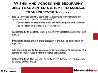 Within and across the geography
    only fragmented systems to manage
           transportation………
•   due to low-cost country sourcing strategy and new distribution
    dynamics there is an increased need for:
     – Coordination of shipments from different regions and locations
     – Coordination of purchasing of transports.

•   no possibility to control, track & trace transportation activities and
    supply.

•   transportation planning and execution is manual or controlled by
    suppliers

•   sub-processes are today outsourced to numerous 3PL partners. This
    results in higher cost and less control capabilities

•   lack visibility of the logistics activity in the Group (i.e. compliance
    to group agreements)
 