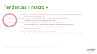 Tendances « macro »
Une croissance soutenue du tourisme mondial qui se poursuit et surpasse les autres secteurs économiques
- Des prévisions optimistes : 3,3% jusqu’en 2030
La Chine, les États-Unis, l’Allemagne et le R.-U. en tête des départs internationaux
- Pays à plus forte croissance : Chine, Canada, Mexique, Ukraine, Russie…
Une croissance des arrivées pour plusieurs destinations internationales
- Le Japon, le Mexique, la Grèce, le Portugal, l’Australie et l’Espagne se positionne avec la meilleure croissance.
Le tourisme : moteur de retombées économiques, culturelles et sociales
- 10% du PIB mondial, 1 emploi sur 10
Le tourisme d’affaires connaît aussi une très bonne croissance
- Quart de l’économie touristique à l’échelle mondiale et son marché est en croissance soutenue (4,5% par année depuis 5 ans)
TENDANCE
S
MACRO
Source : UNWTO, 2017 « Tourism Highlights », Global Business Travel Association, », Statistics Canada, Globe and mail, 12 février 2016. « Canada’s tourism
sector emerges as an economic bright spot », World Bank Database (International Tourism - Departures), Analyse KPMG
 